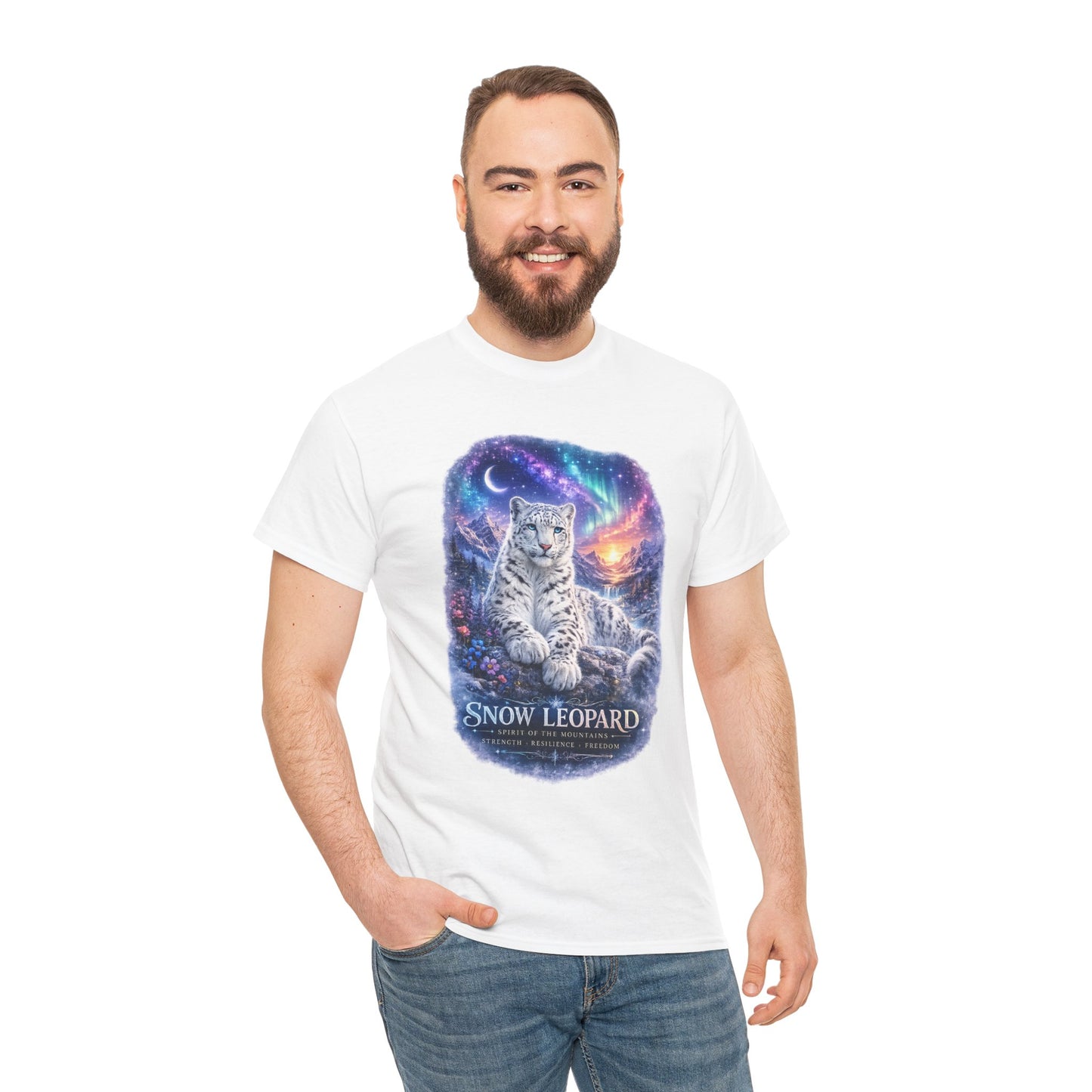 Snow Leopard T-Shirt – Mystic Mountain Wildlife Design | Cosmic Big Cat Graphic Tee