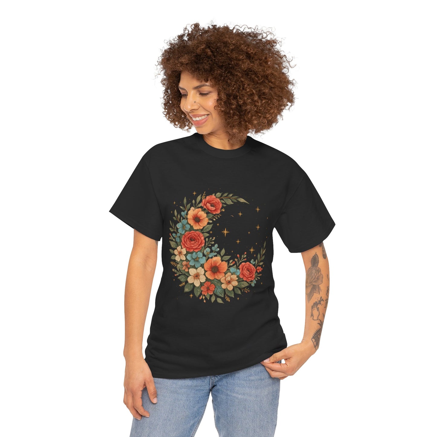 Floral Crescent Moon T-Shirt – Boho Nature Aesthetic Tee