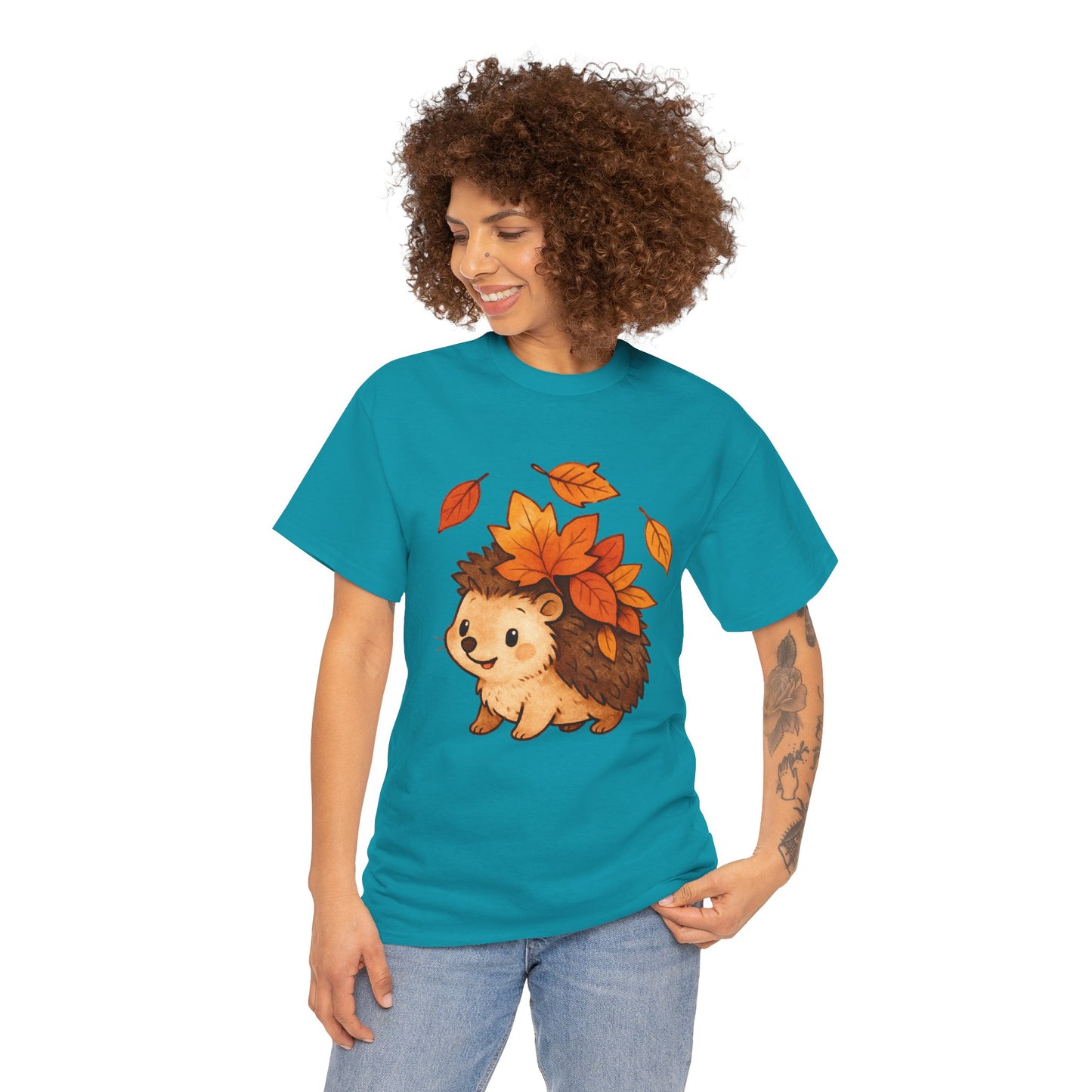 Cute Hedgehog Autumn Leaves T-Shirt – Minimalist Nature Graphic Tee