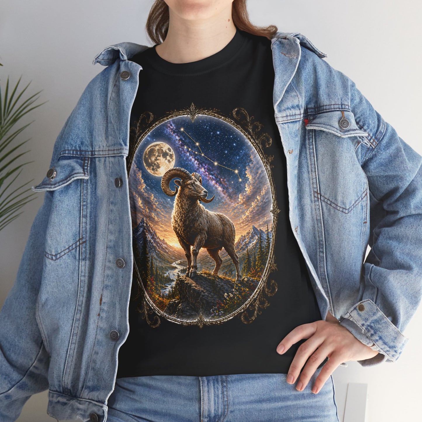 Aries Zodiac T-Shirt – Mystic Ram Moon Shirt, Astrology Graphic Tee, Spiritual Horoscope Design