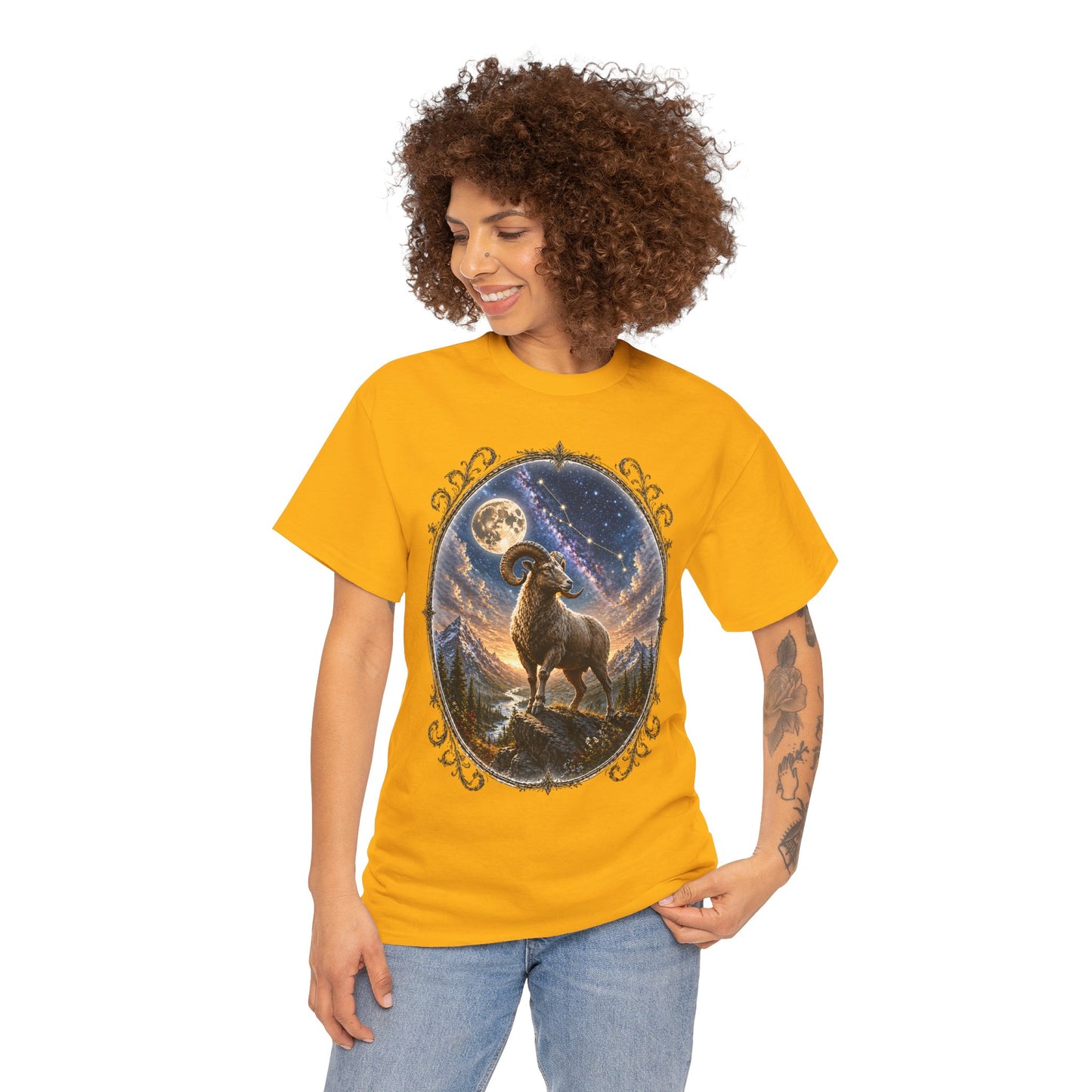 Aries Zodiac T-Shirt – Mystic Ram Moon Shirt, Astrology Graphic Tee, Spiritual Horoscope Design