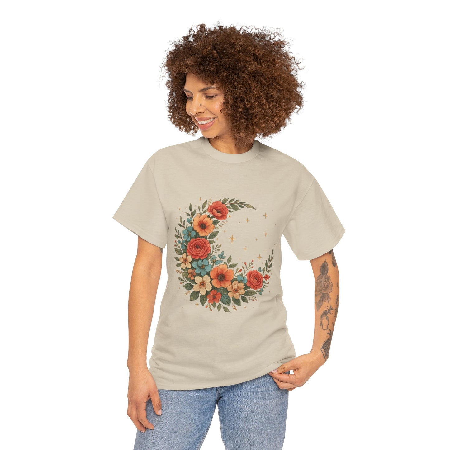 Floral Crescent Moon T-Shirt – Boho Nature Aesthetic Tee
