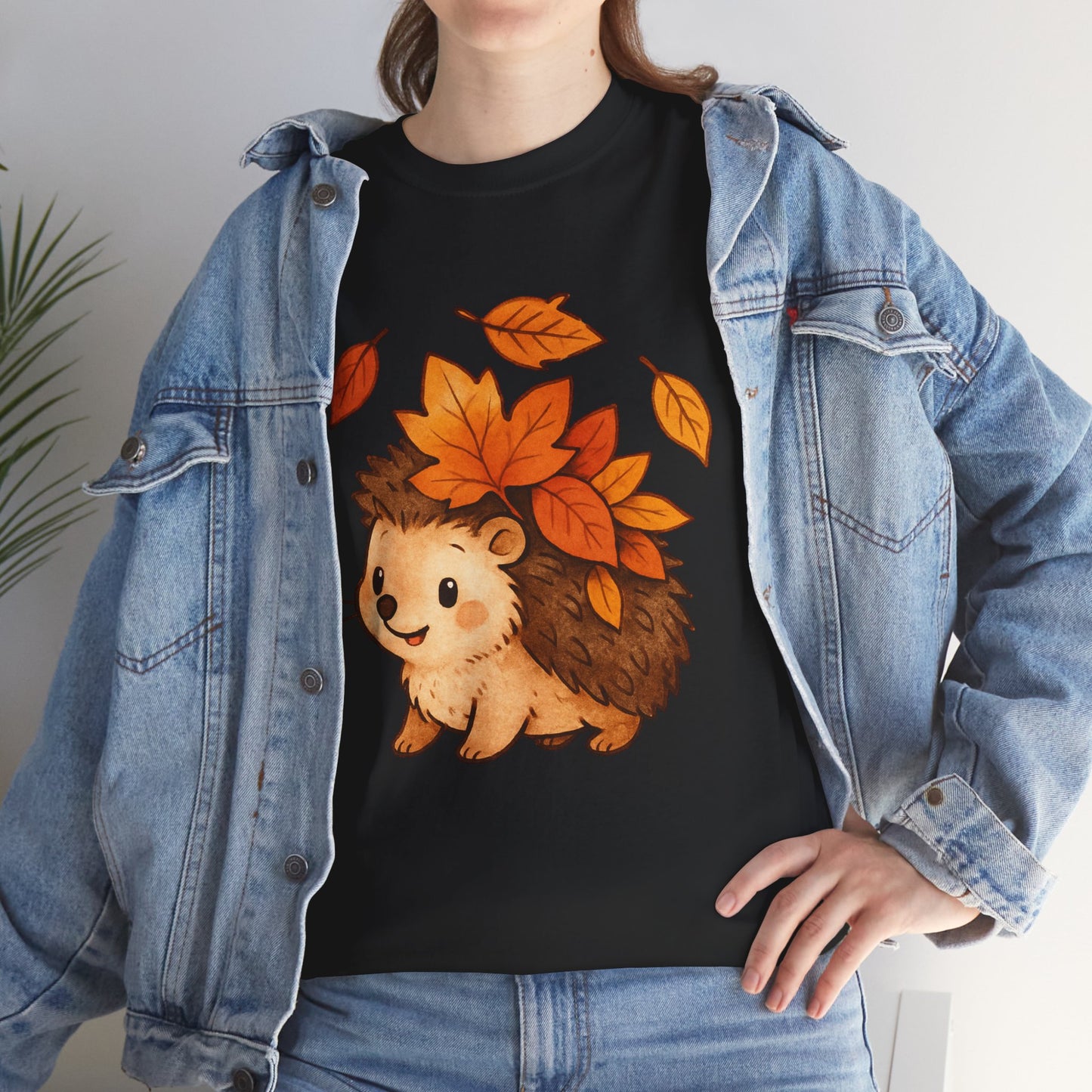 Cute Hedgehog Autumn Leaves T-Shirt – Minimalist Nature Graphic Tee
