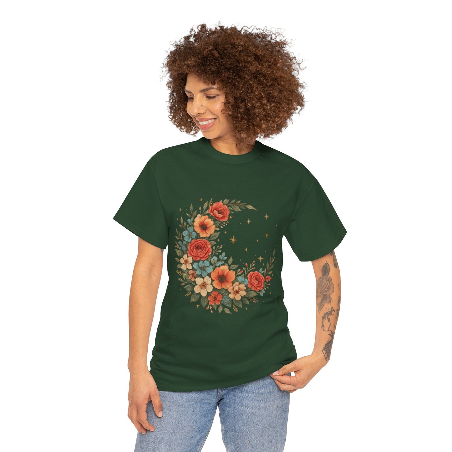 Floral Crescent Moon T-Shirt – Boho Nature Aesthetic Tee