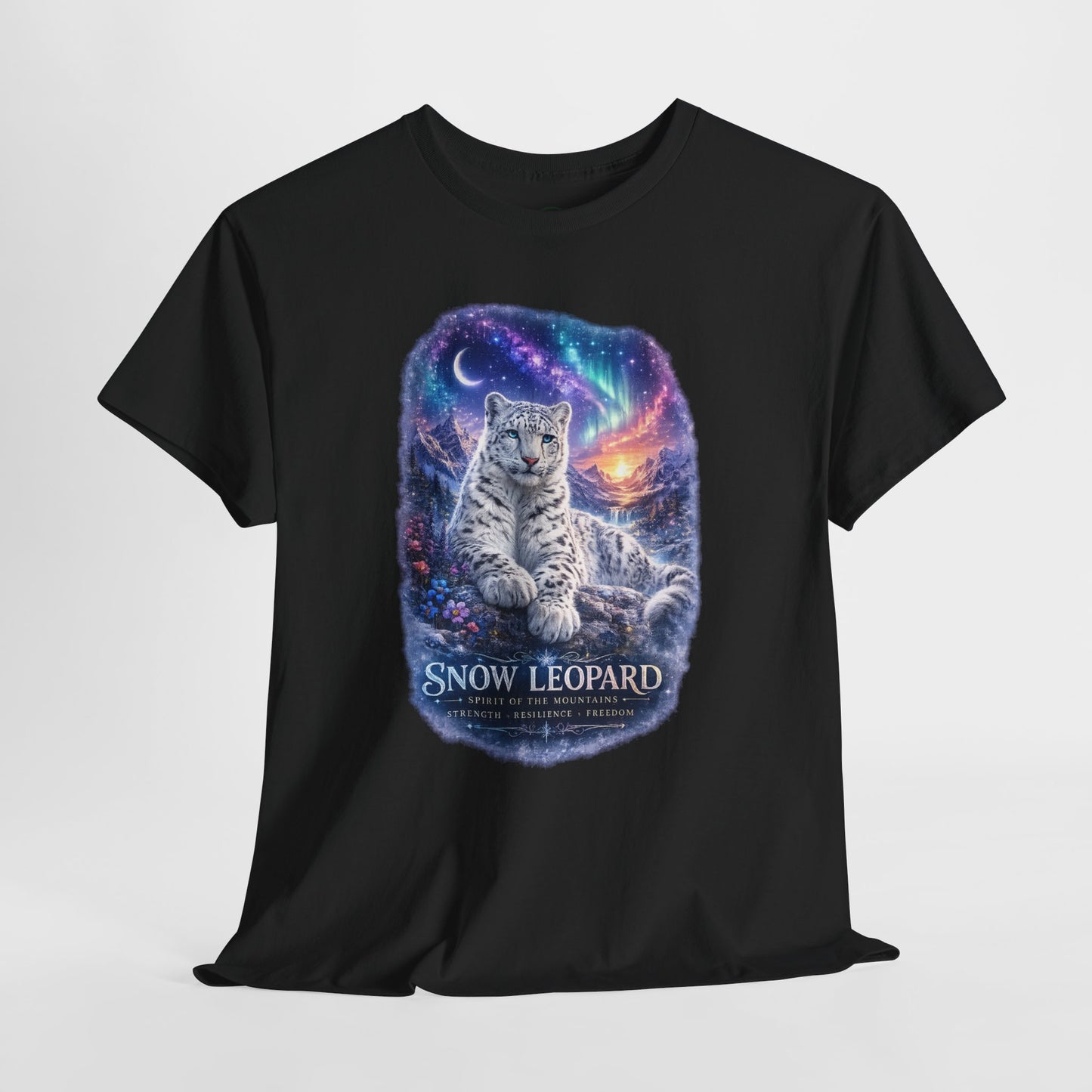 Snow Leopard T-Shirt – Mystic Mountain Wildlife Design | Cosmic Big Cat Graphic Tee