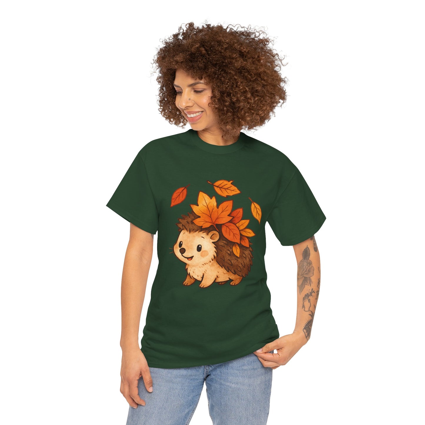 Cute Hedgehog Autumn Leaves T-Shirt – Minimalist Nature Graphic Tee