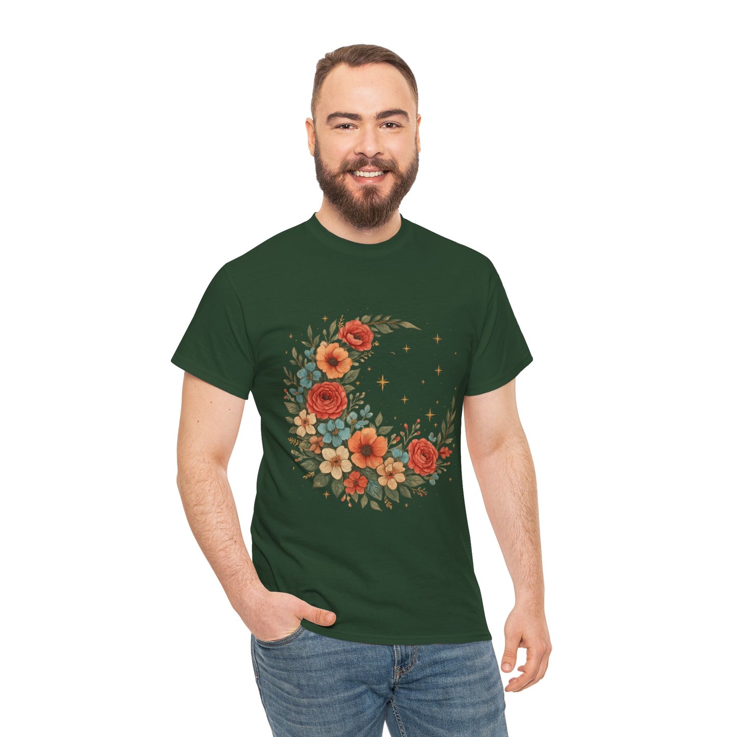 Floral Crescent Moon T-Shirt – Boho Nature Aesthetic Tee