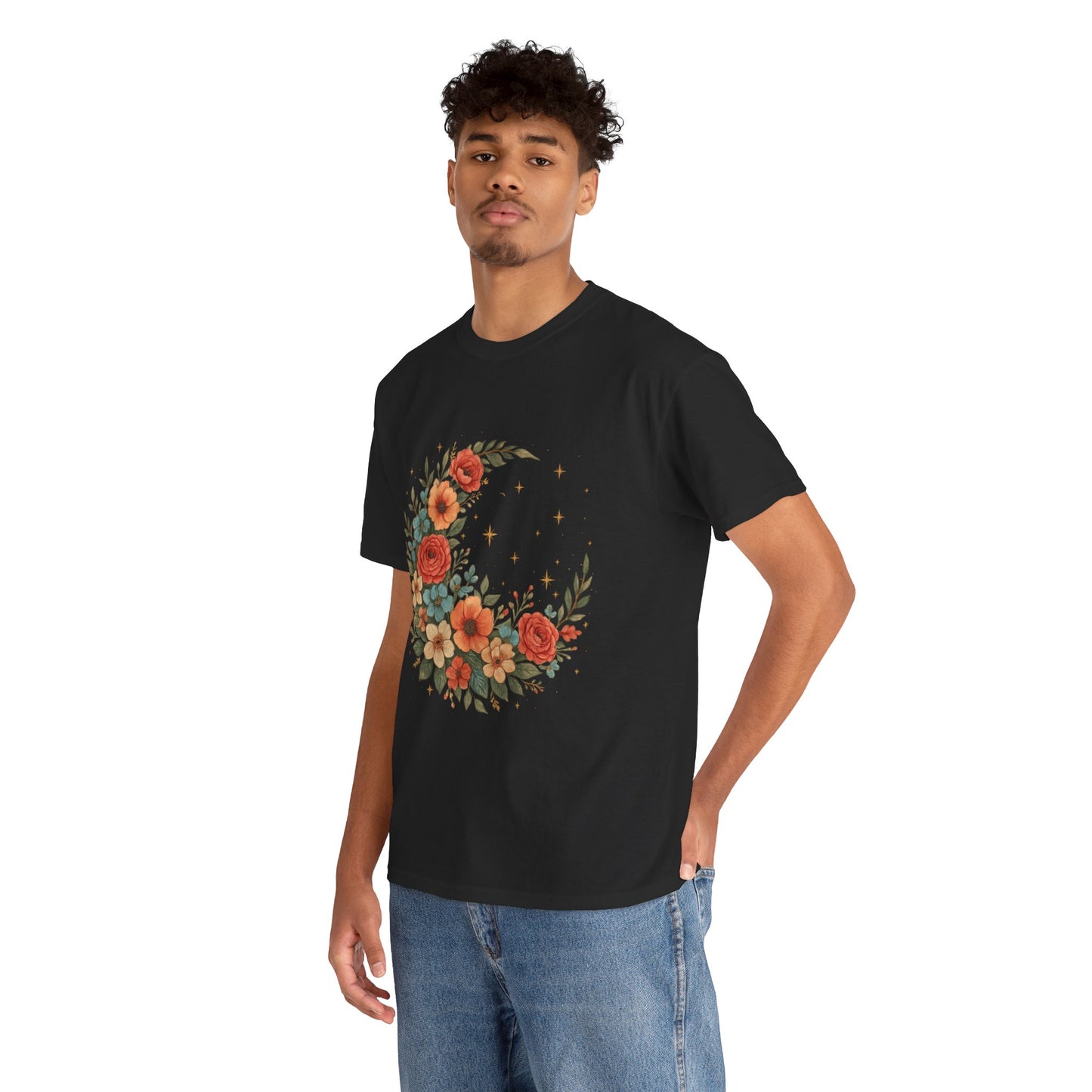 Floral Crescent Moon T-Shirt – Boho Nature Aesthetic Tee