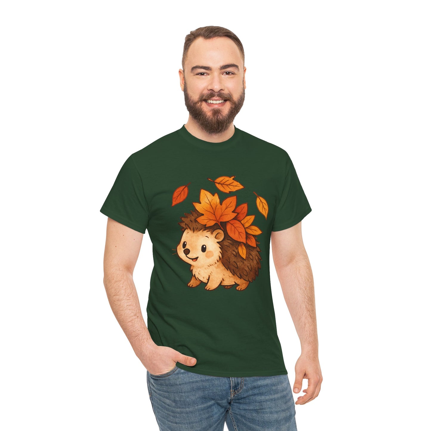 Cute Hedgehog Autumn Leaves T-Shirt – Minimalist Nature Graphic Tee