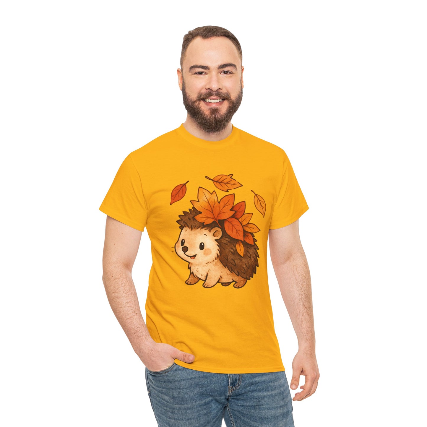 Cute Hedgehog Autumn Leaves T-Shirt – Minimalist Nature Graphic Tee
