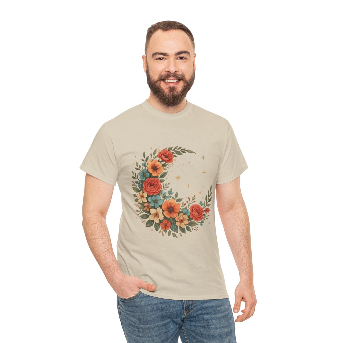 Floral Crescent Moon T-Shirt – Boho Nature Aesthetic Tee