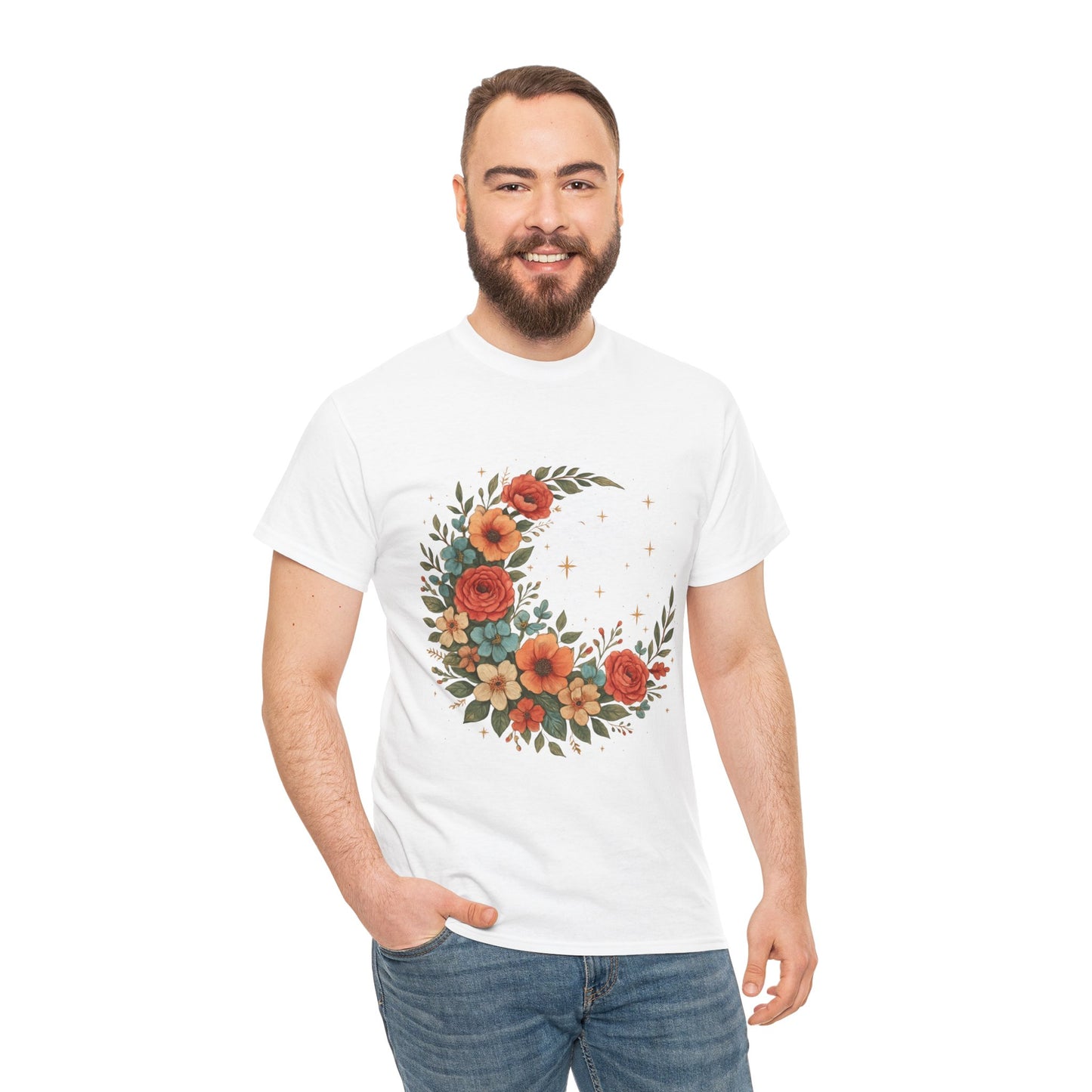 Floral Crescent Moon T-Shirt – Boho Nature Aesthetic Tee