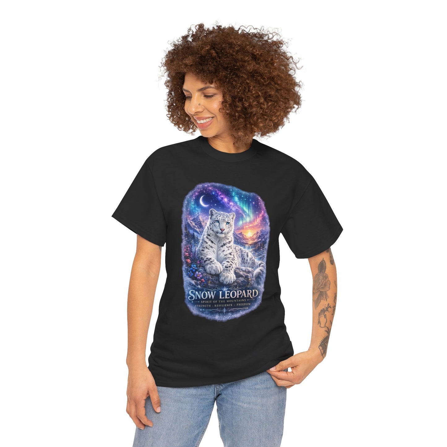 Snow Leopard T-Shirt – Mystic Mountain Wildlife Design | Cosmic Big Cat Graphic Tee