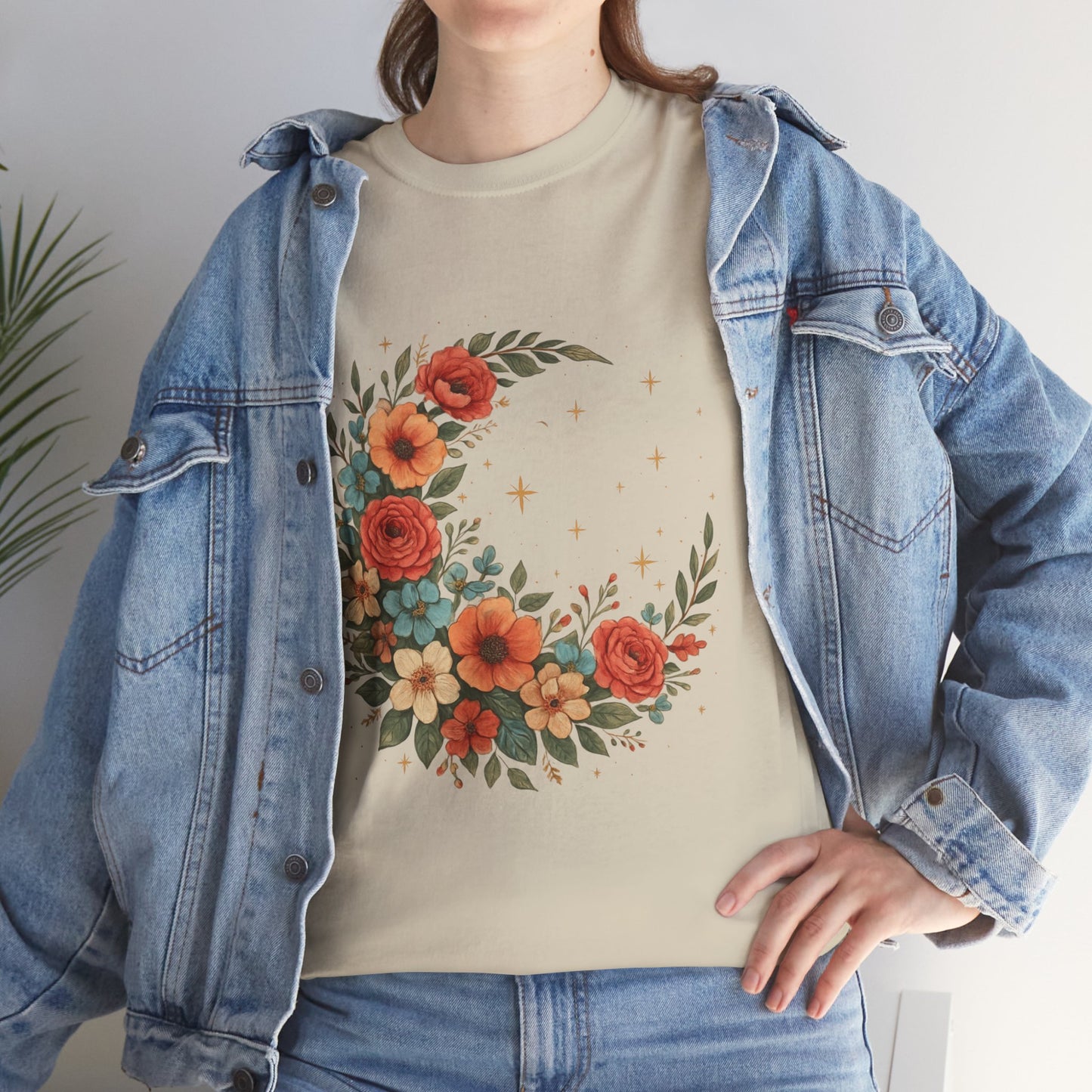 Floral Crescent Moon T-Shirt – Boho Nature Aesthetic Tee