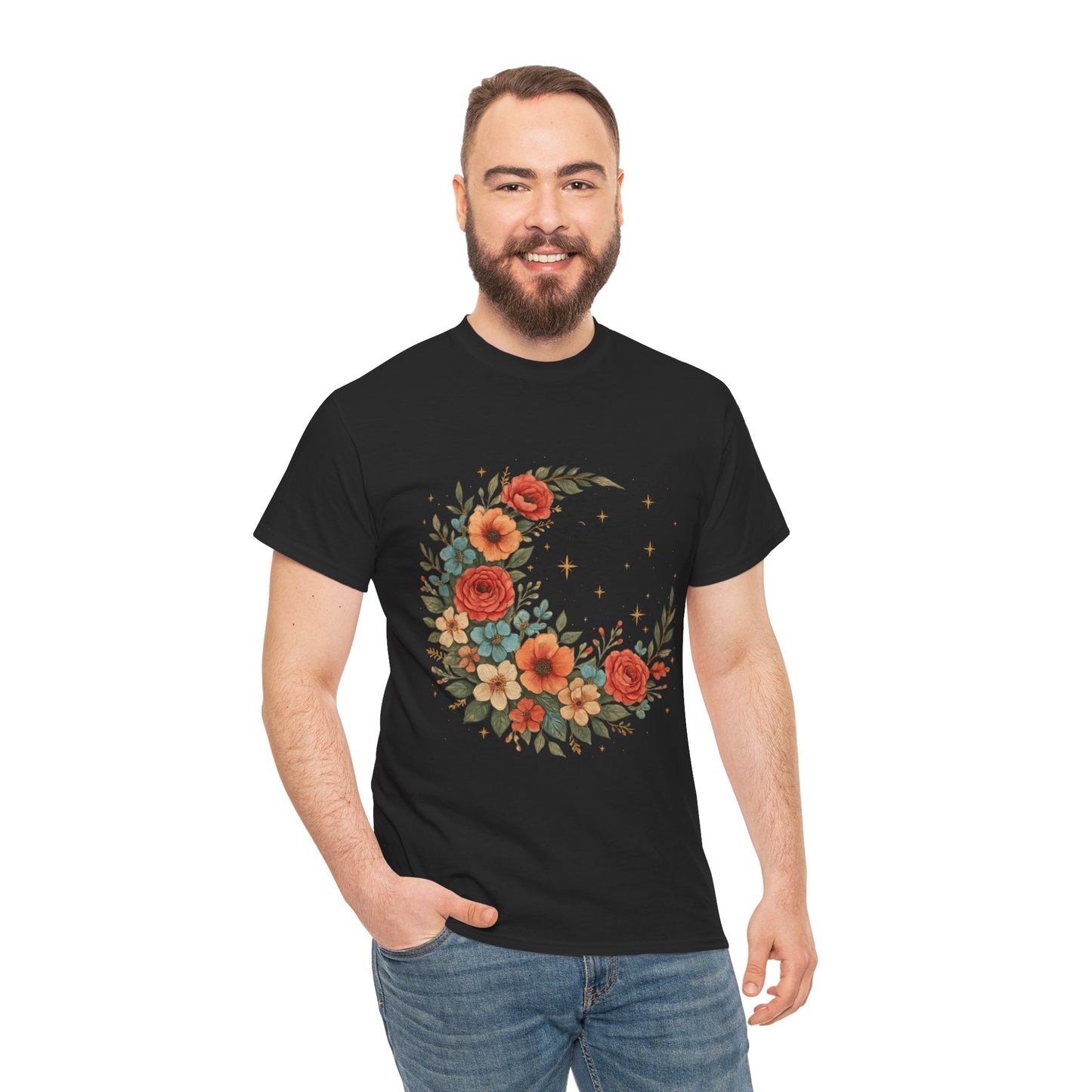 Floral Crescent Moon T-Shirt – Boho Nature Aesthetic Tee