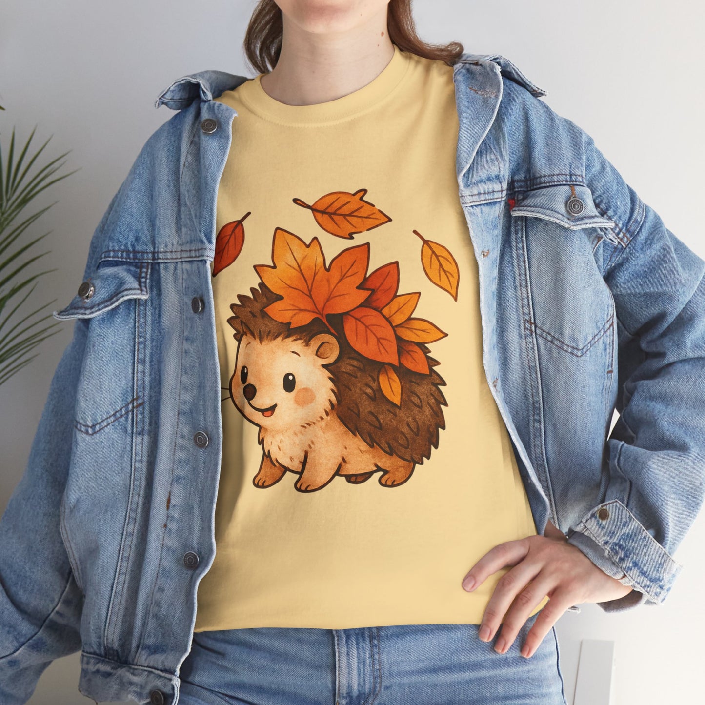 Cute Hedgehog Autumn Leaves T-Shirt – Minimalist Nature Graphic Tee