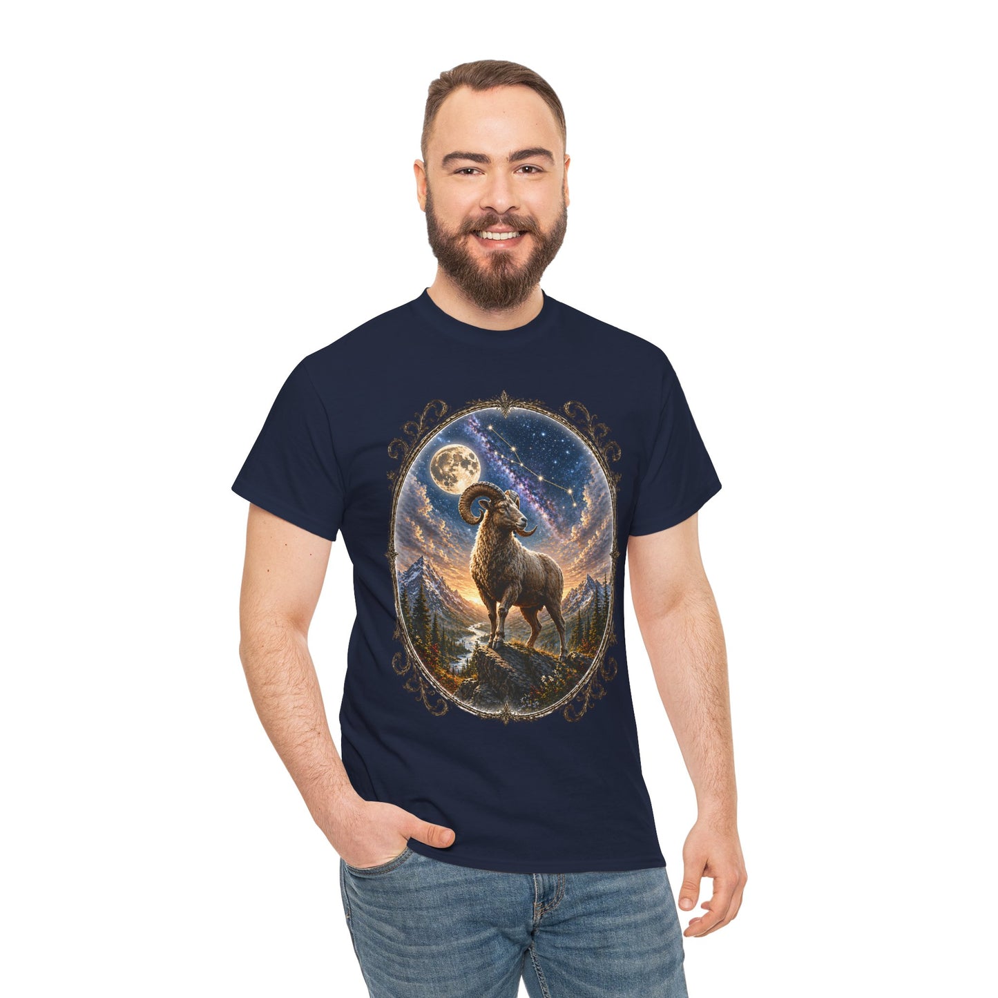 Aries Zodiac T-Shirt – Mystic Ram Moon Shirt, Astrology Graphic Tee, Spiritual Horoscope Design