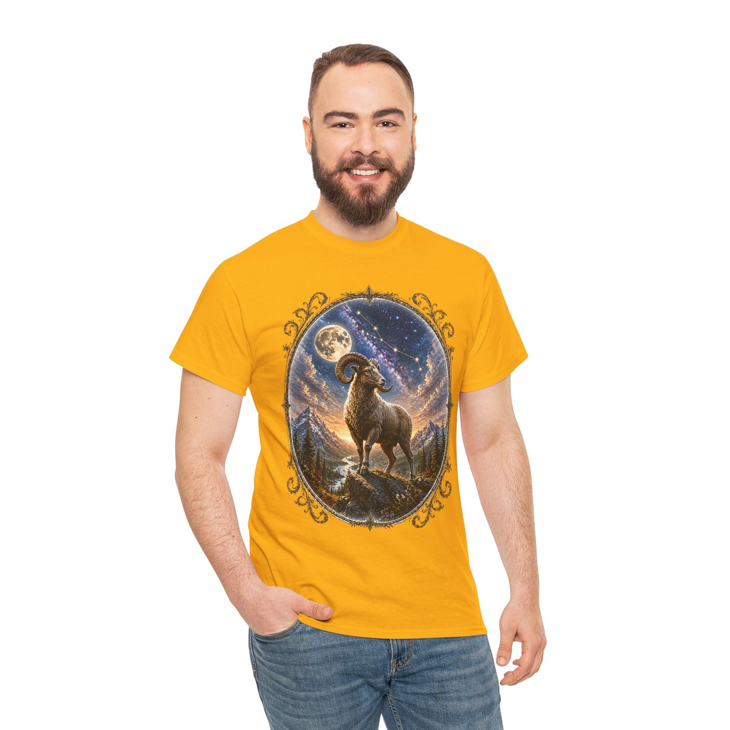 Aries Zodiac T-Shirt – Mystic Ram Moon Shirt, Astrology Graphic Tee, Spiritual Horoscope Design