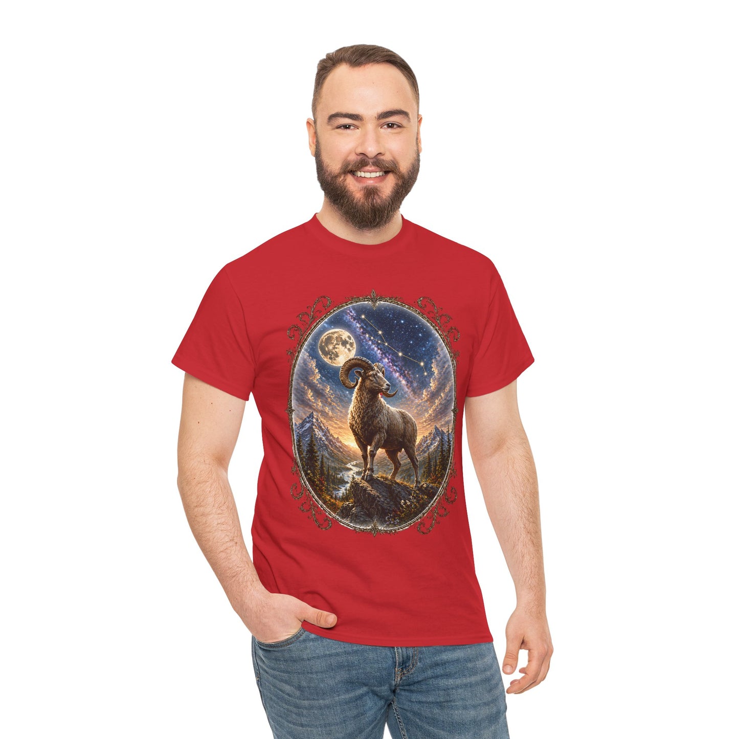Aries Zodiac T-Shirt – Mystic Ram Moon Shirt, Astrology Graphic Tee, Spiritual Horoscope Design
