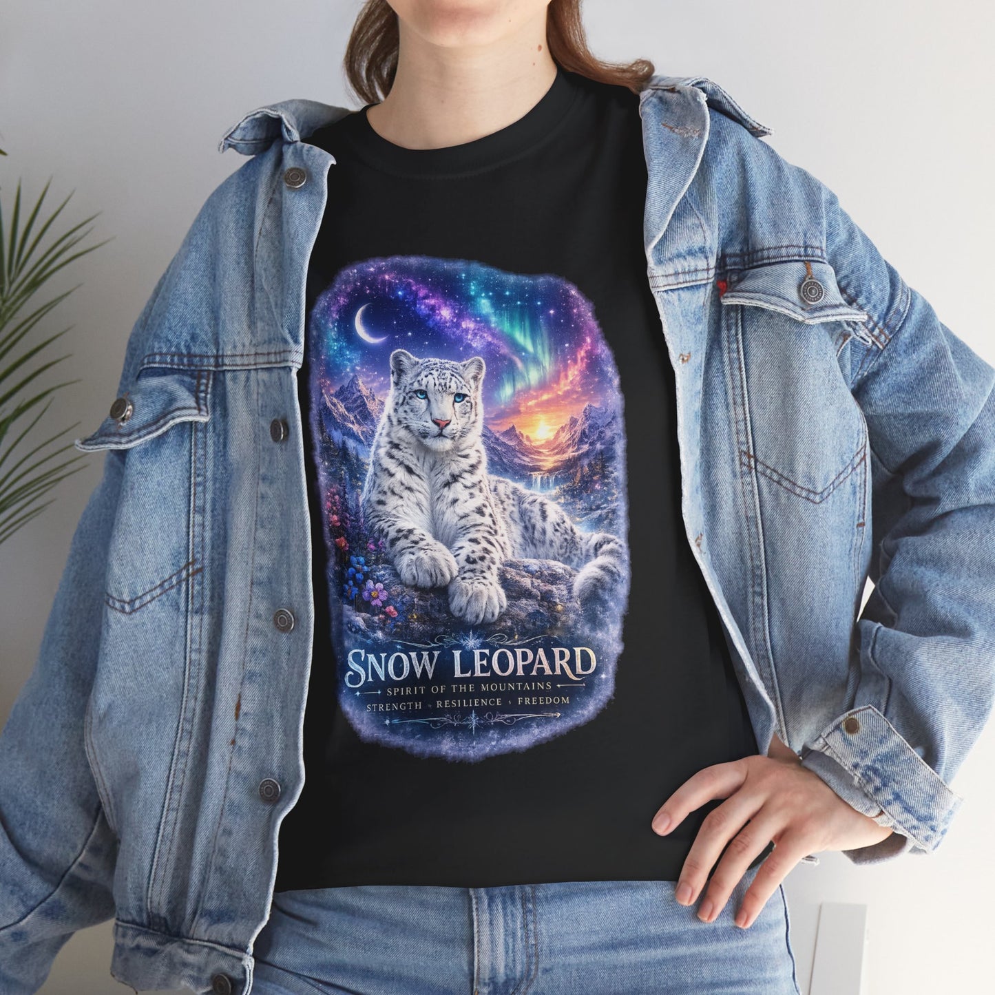 Snow Leopard T-Shirt – Mystic Mountain Wildlife Design | Cosmic Big Cat Graphic Tee
