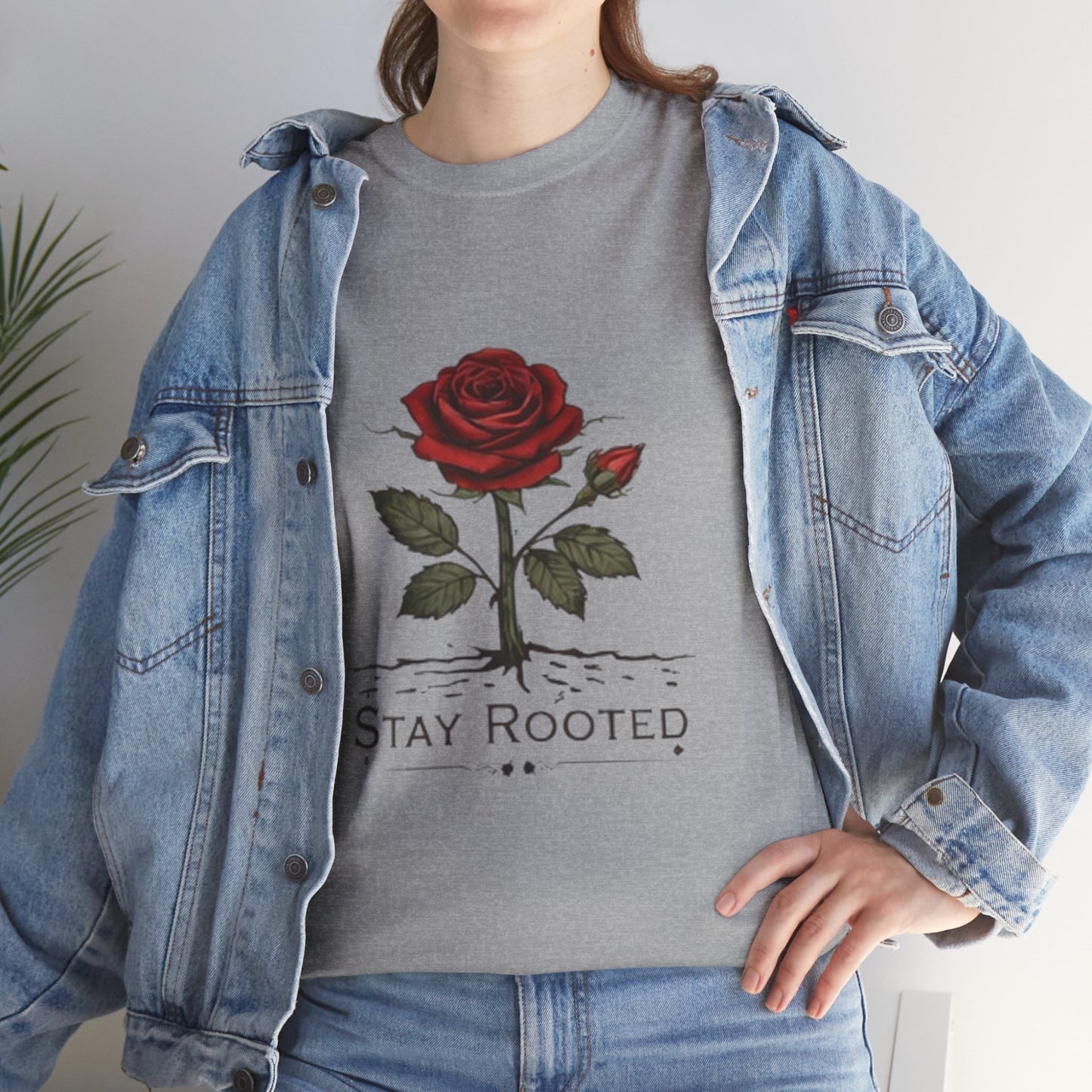 Stay Rooted Rose T-Shirt – Minimalist Nature Graphic Tee, Unisex Botanical Shirt, Nature Lover Gift
