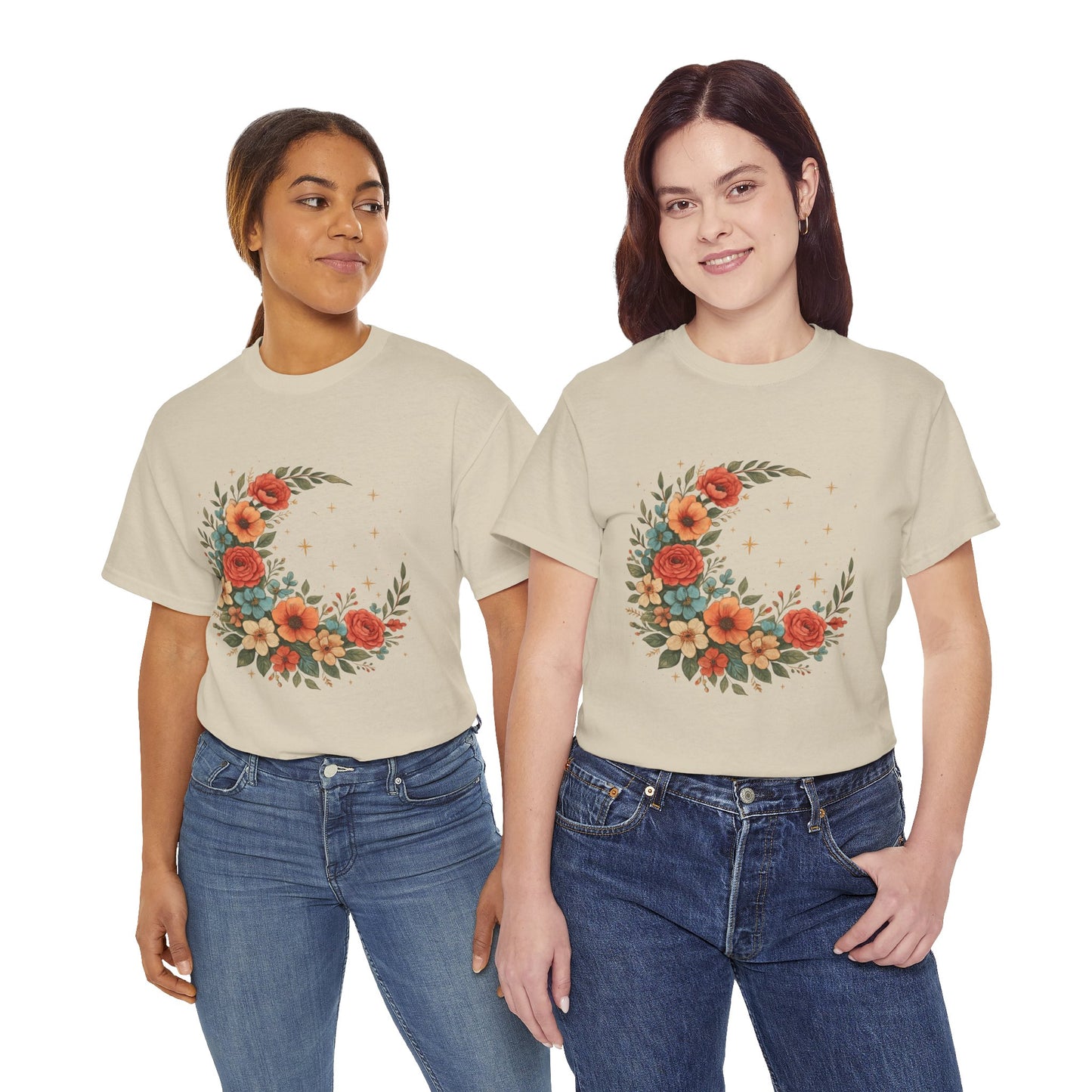 Floral Crescent Moon T-Shirt – Boho Nature Aesthetic Tee