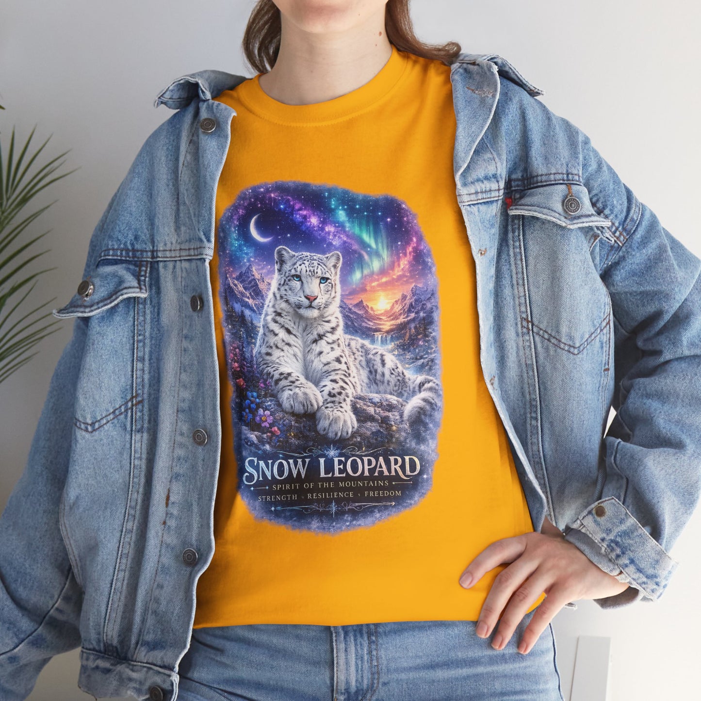 Snow Leopard T-Shirt – Mystic Mountain Wildlife Design | Cosmic Big Cat Graphic Tee