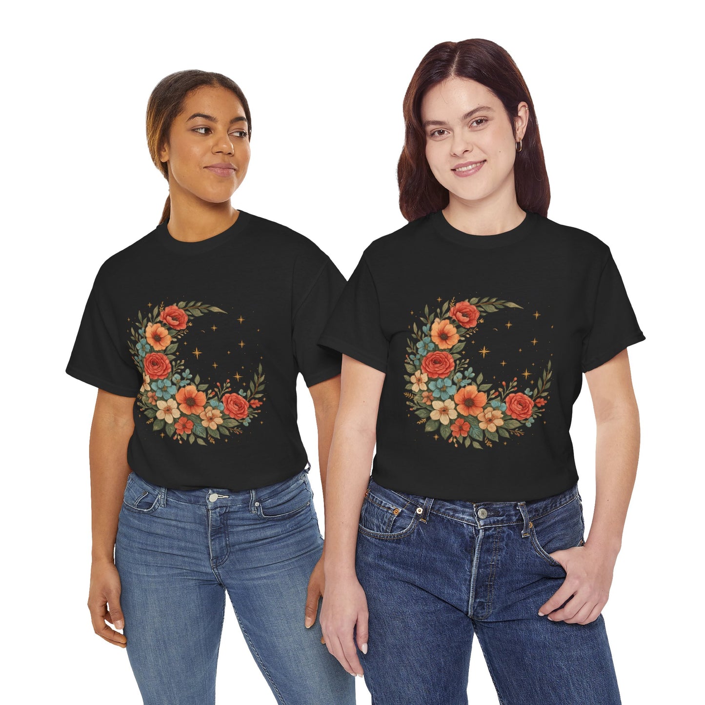 Floral Crescent Moon T-Shirt – Boho Nature Aesthetic Tee