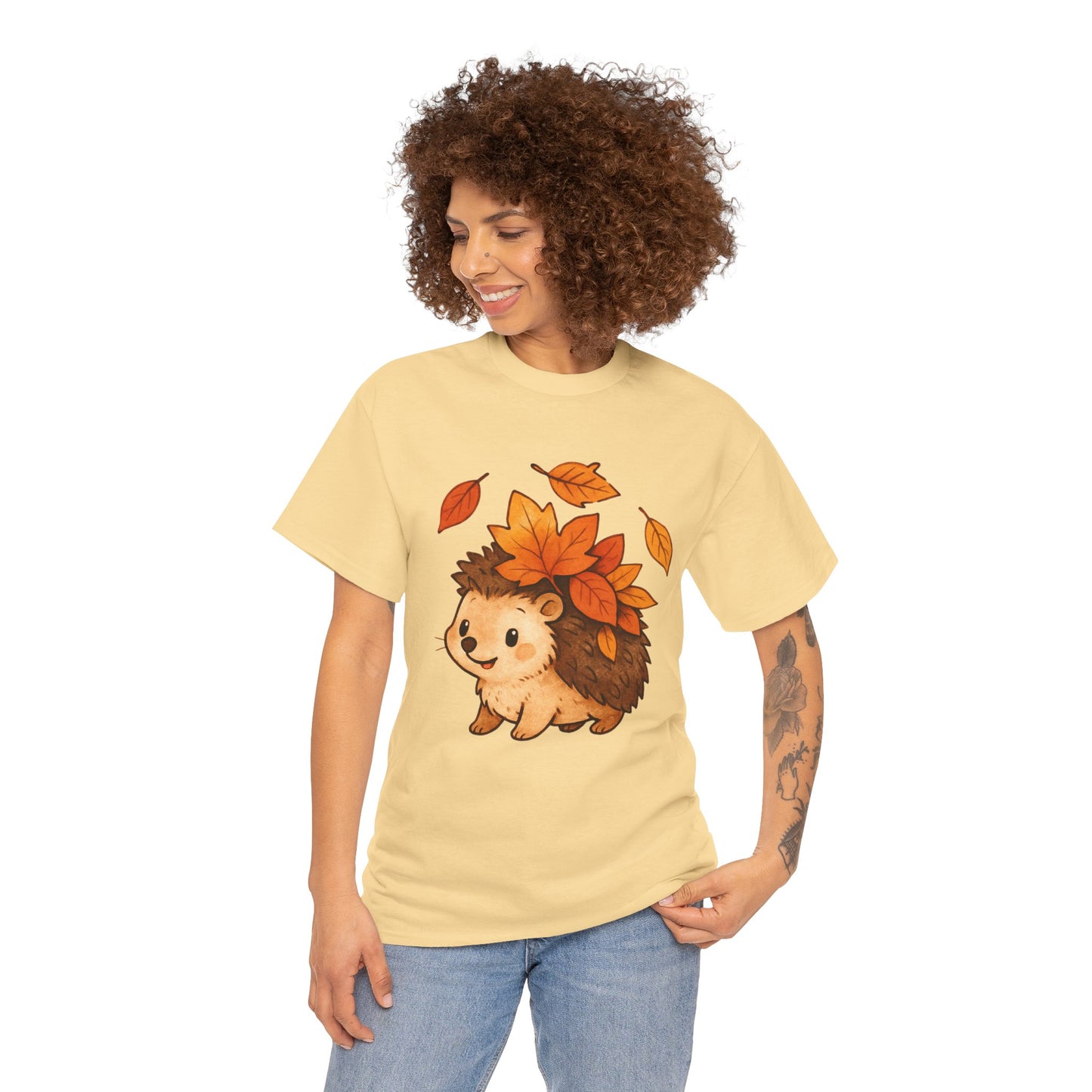 Cute Hedgehog Autumn Leaves T-Shirt – Minimalist Nature Graphic Tee