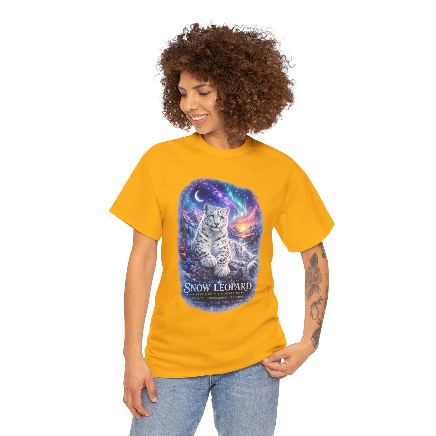 Snow Leopard T-Shirt – Mystic Mountain Wildlife Design | Cosmic Big Cat Graphic Tee