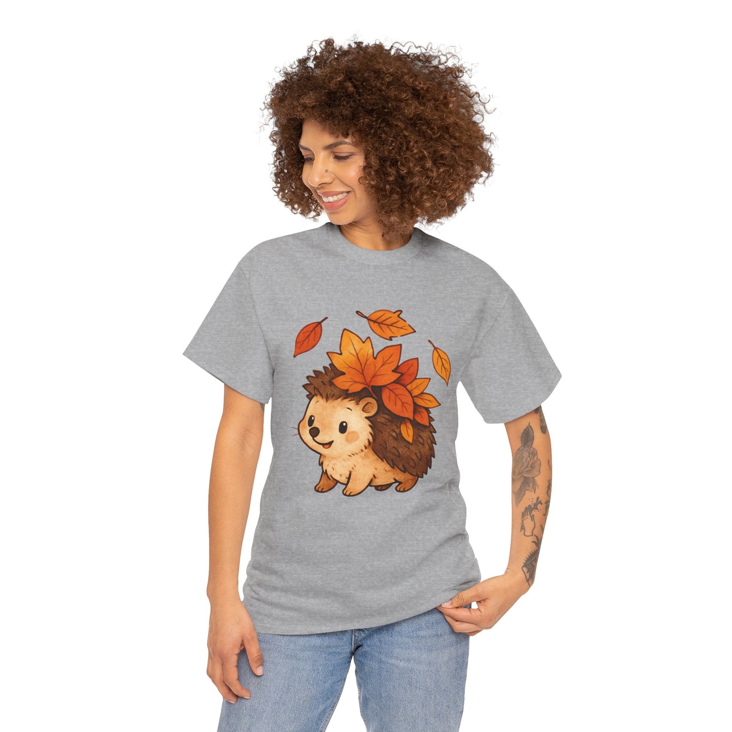 Cute Hedgehog Autumn Leaves T-Shirt – Minimalist Nature Graphic Tee