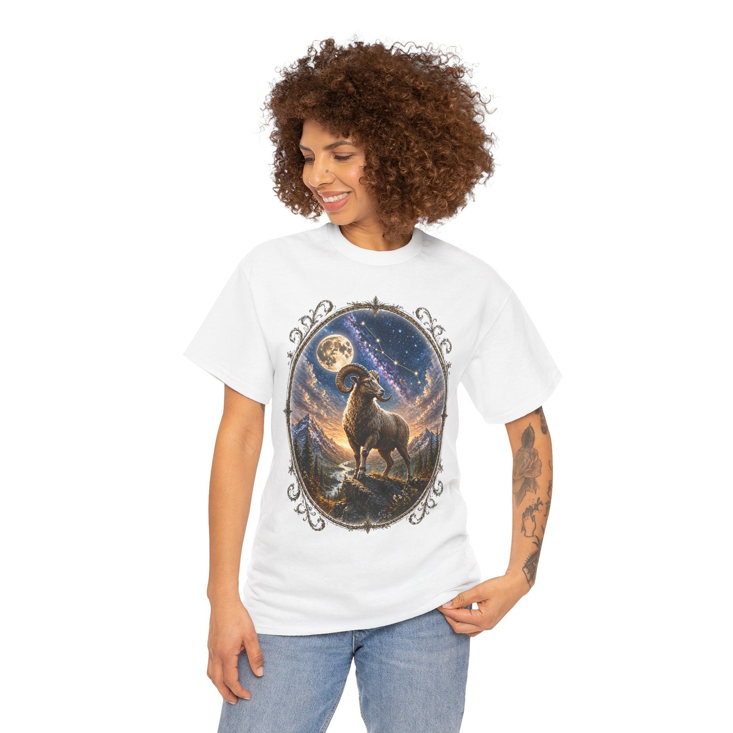 Aries Zodiac T-Shirt – Mystic Ram Moon Shirt, Astrology Graphic Tee, Spiritual Horoscope Design