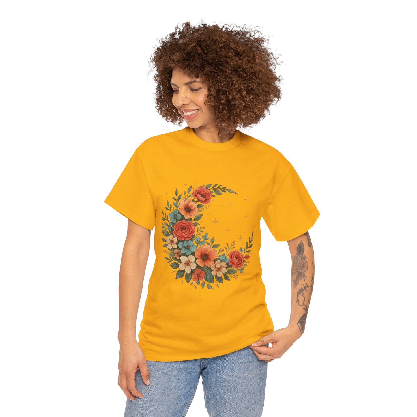 Floral Crescent Moon T-Shirt – Boho Nature Aesthetic Tee