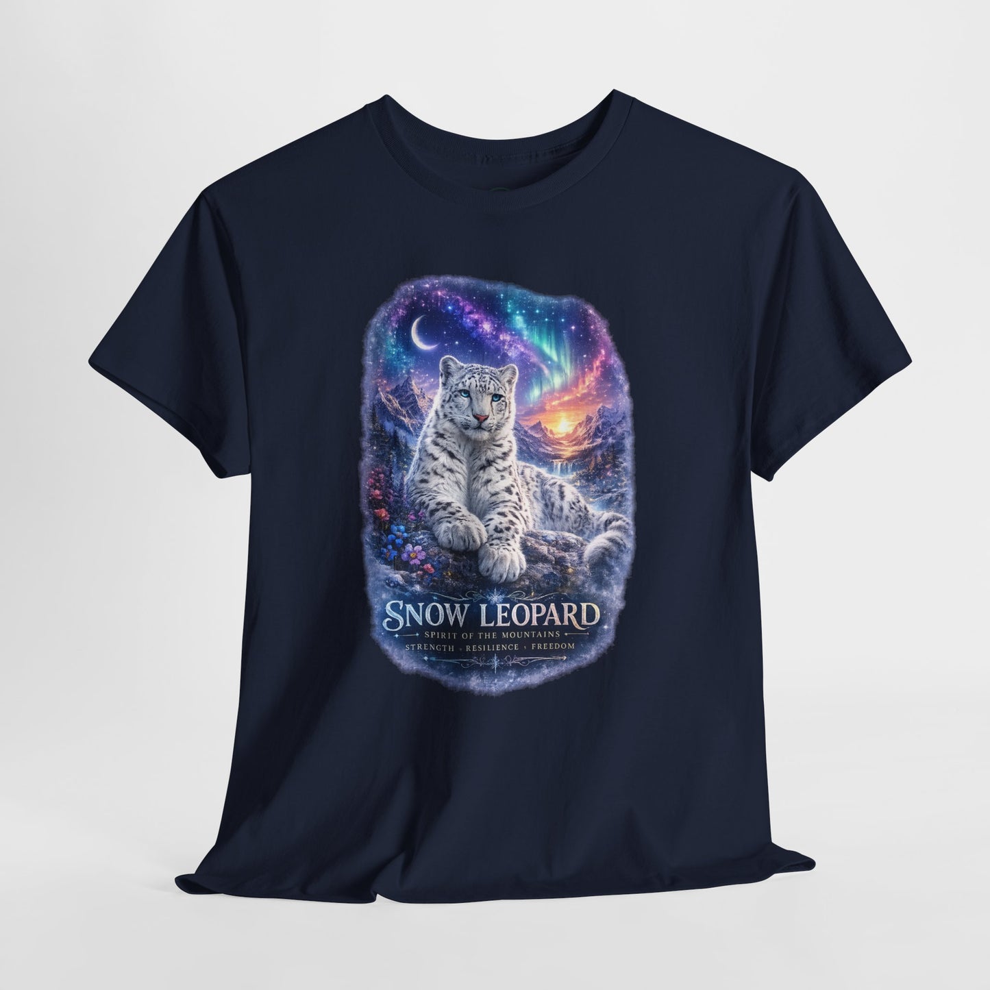Snow Leopard T-Shirt – Mystic Mountain Wildlife Design | Cosmic Big Cat Graphic Tee
