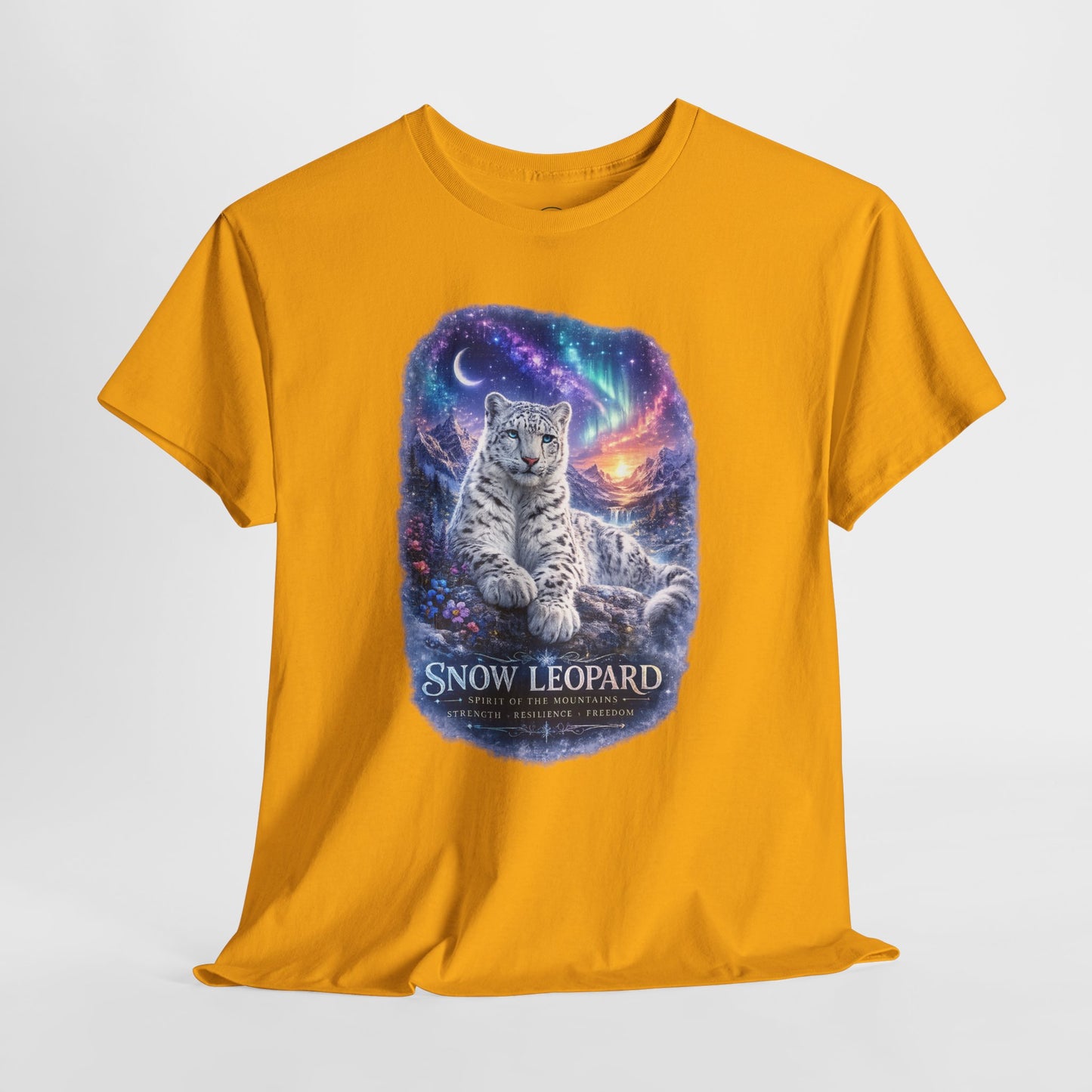 Snow Leopard T-Shirt – Mystic Mountain Wildlife Design | Cosmic Big Cat Graphic Tee