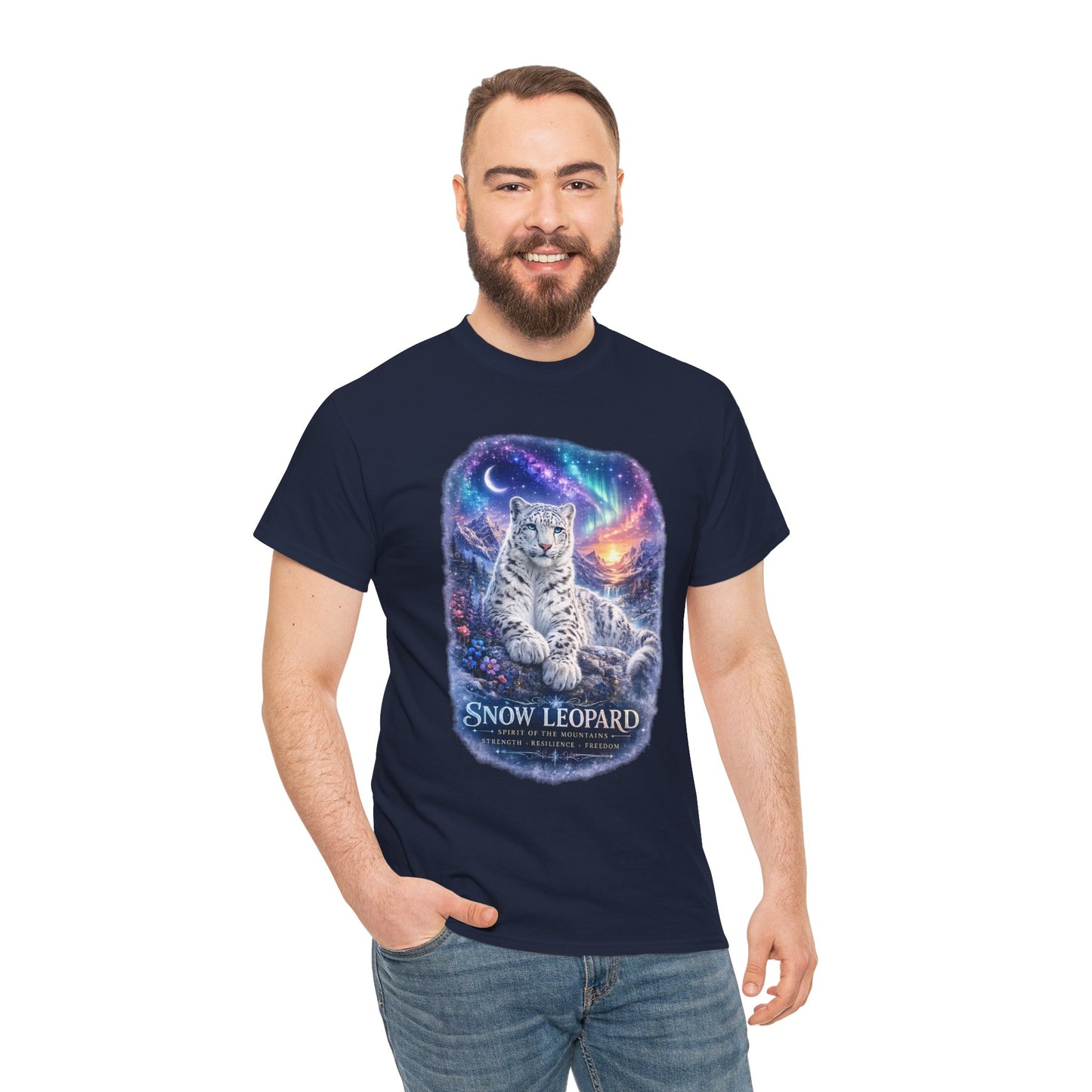 Snow Leopard T-Shirt – Mystic Mountain Wildlife Design | Cosmic Big Cat Graphic Tee
