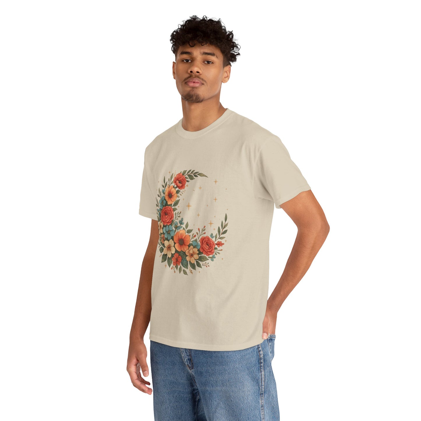 Floral Crescent Moon T-Shirt – Boho Nature Aesthetic Tee