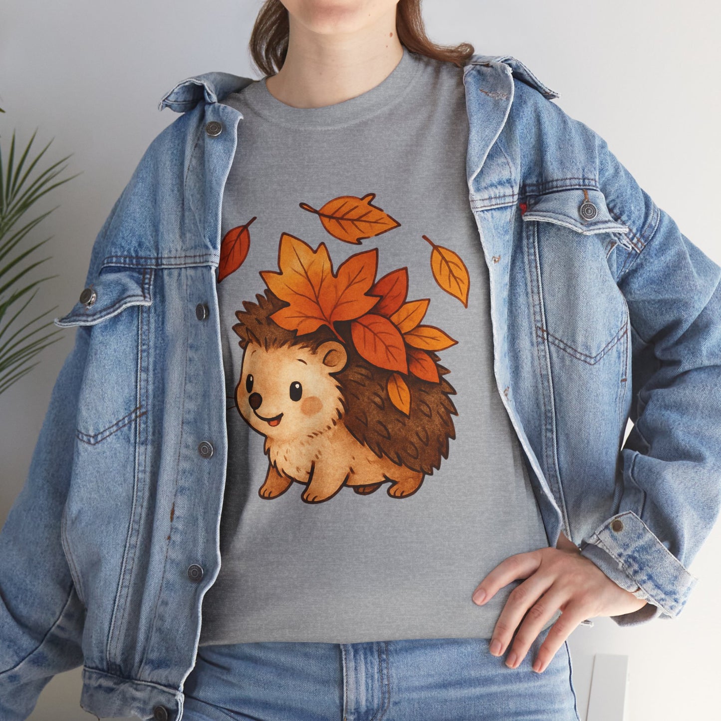 Cute Hedgehog Autumn Leaves T-Shirt – Minimalist Nature Graphic Tee