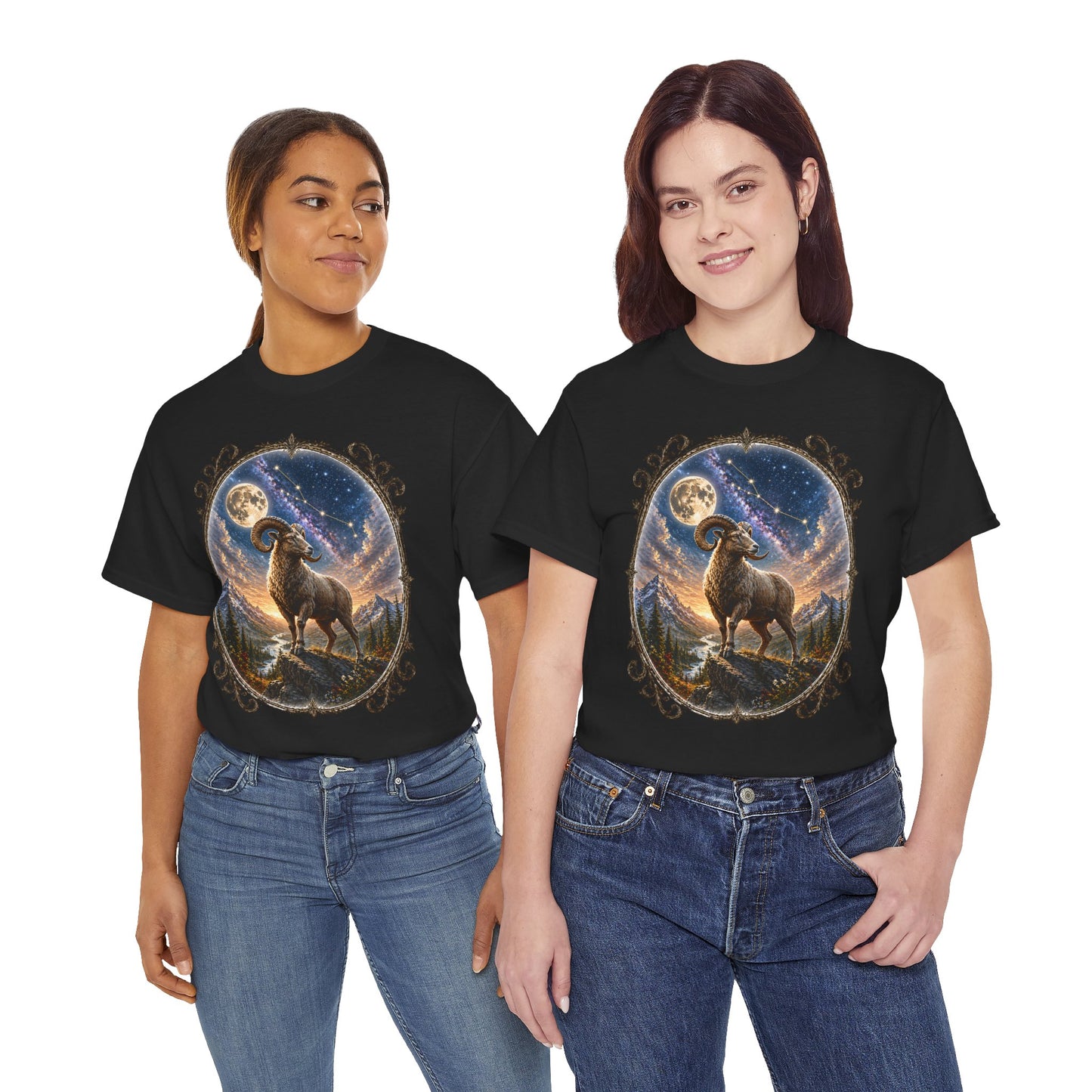 Aries Zodiac T-Shirt – Mystic Ram Moon Shirt, Astrology Graphic Tee, Spiritual Horoscope Design