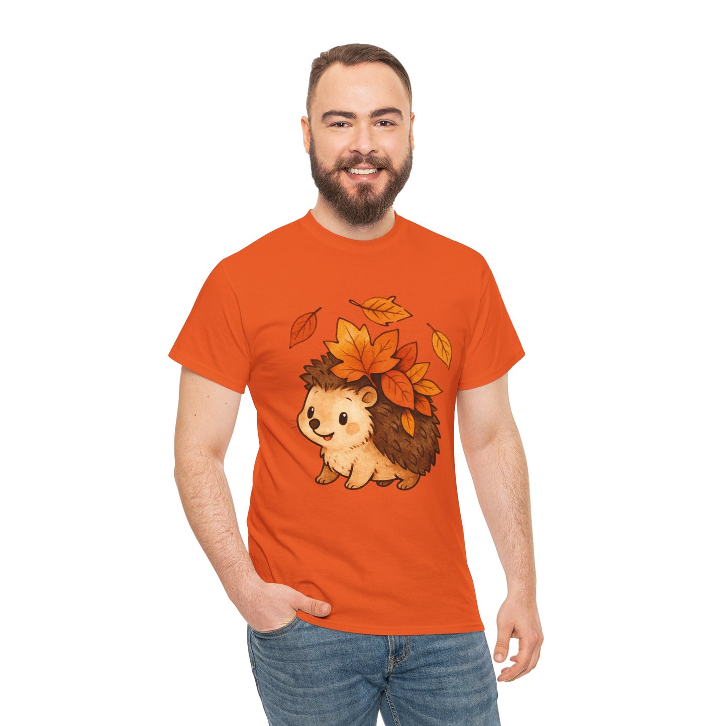 Cute Hedgehog Autumn Leaves T-Shirt – Minimalist Nature Graphic Tee
